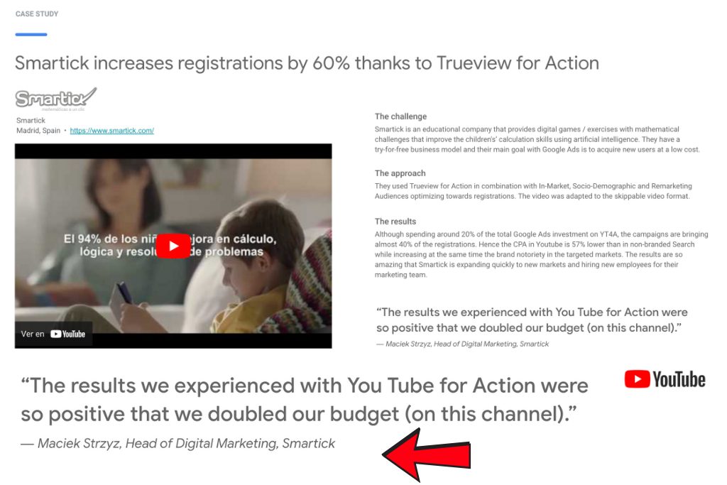 El caso de éxito oficial publicado por Google sobre la campaña de Smartick.