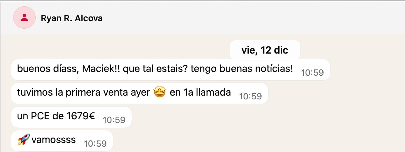 El WhatsApp de Ryan: primera venta, de 1.679 €, en la primera llamada.